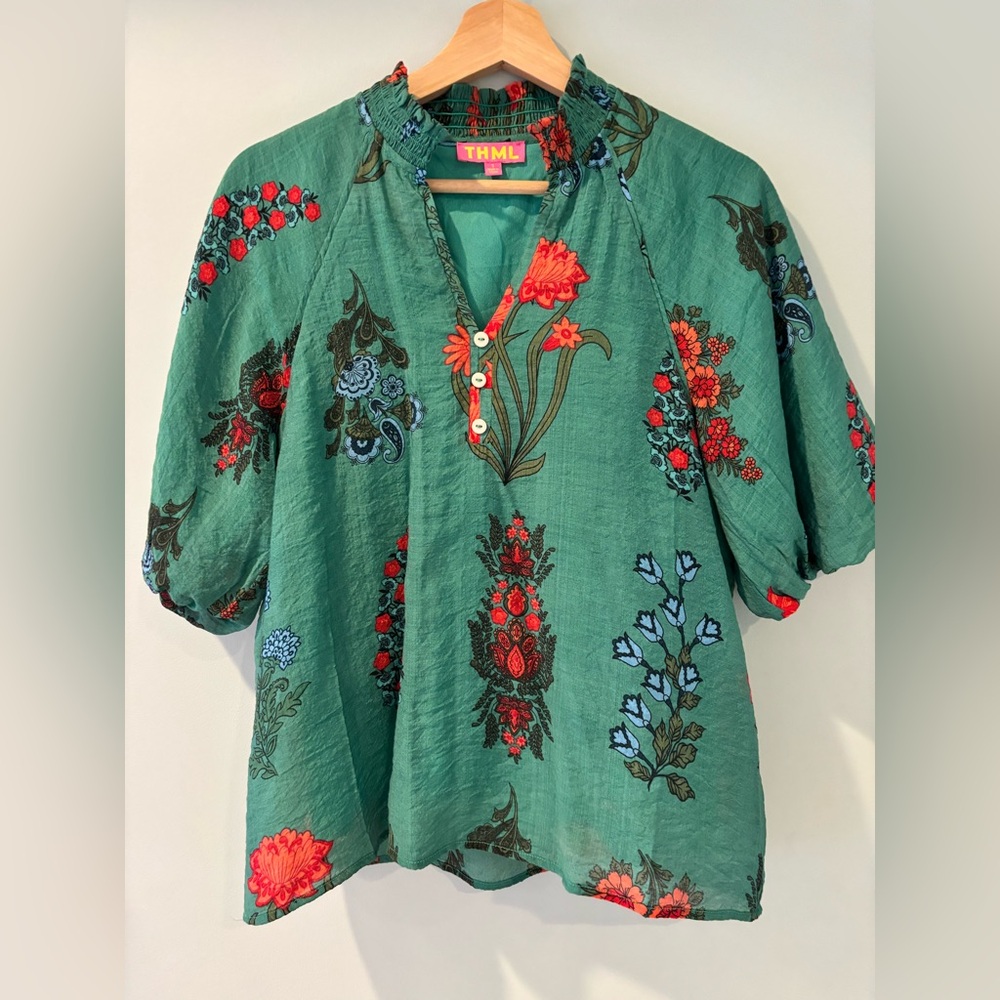 THML Teal and Red Floral Blouse